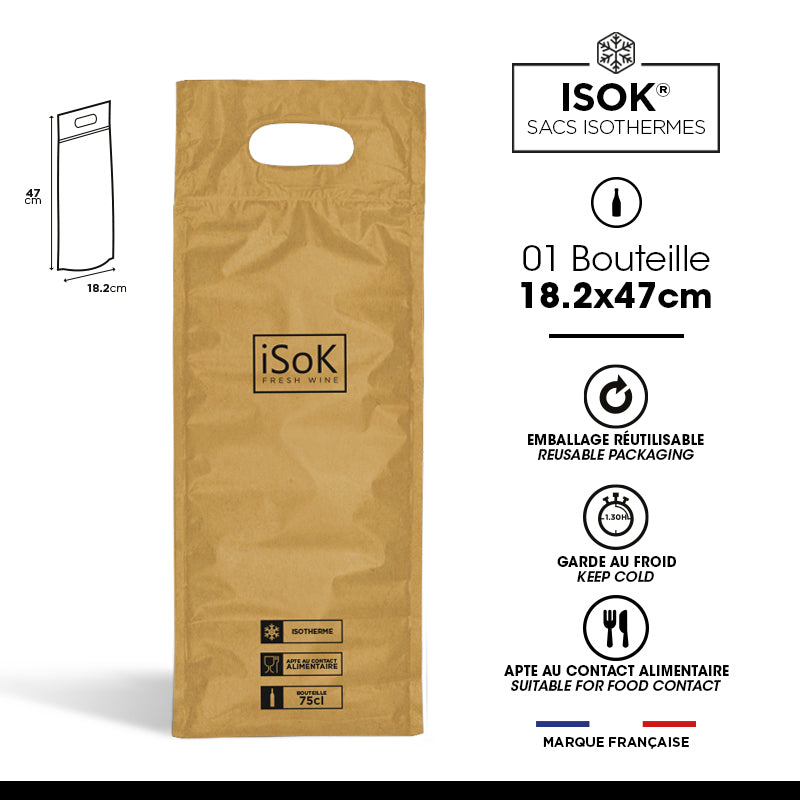 Sac isotherme 1 bouteille ISOK | brun effet kraft | 18,2x47cm | par 100