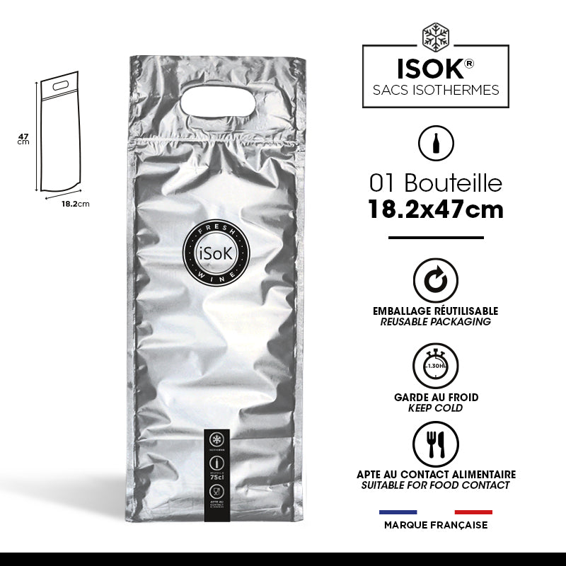 Sac isotherme 1 bouteille ISOK argent | 18,2x47cm | par 100