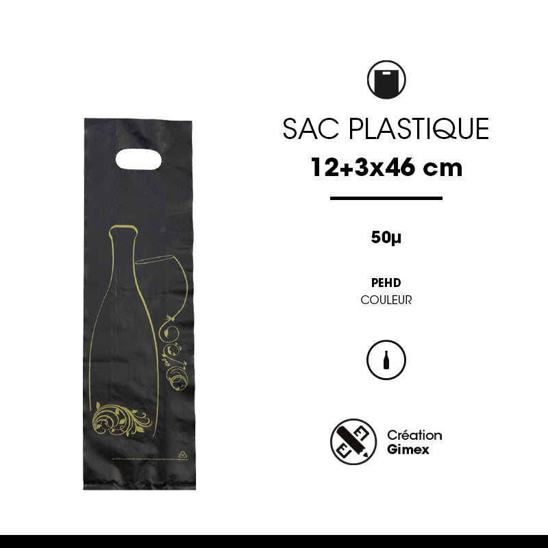 1 bottle bag | black HDPE plastic | die-cut handles | 12+3/3x46cm per 1000