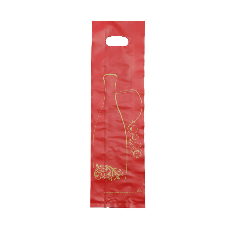 1 bottle bag | red HDPE plastic | die-cut handles | 12+3/3x46cm per 1000
