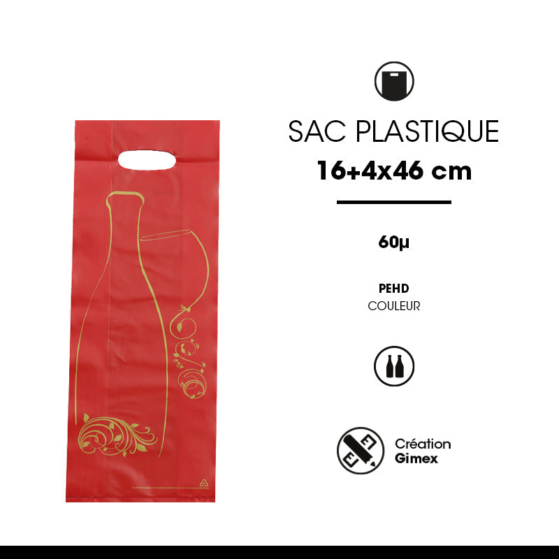 2-bottle bag | red HDPE plastic | die-cut handles | 16+4/4x46cm per 1000