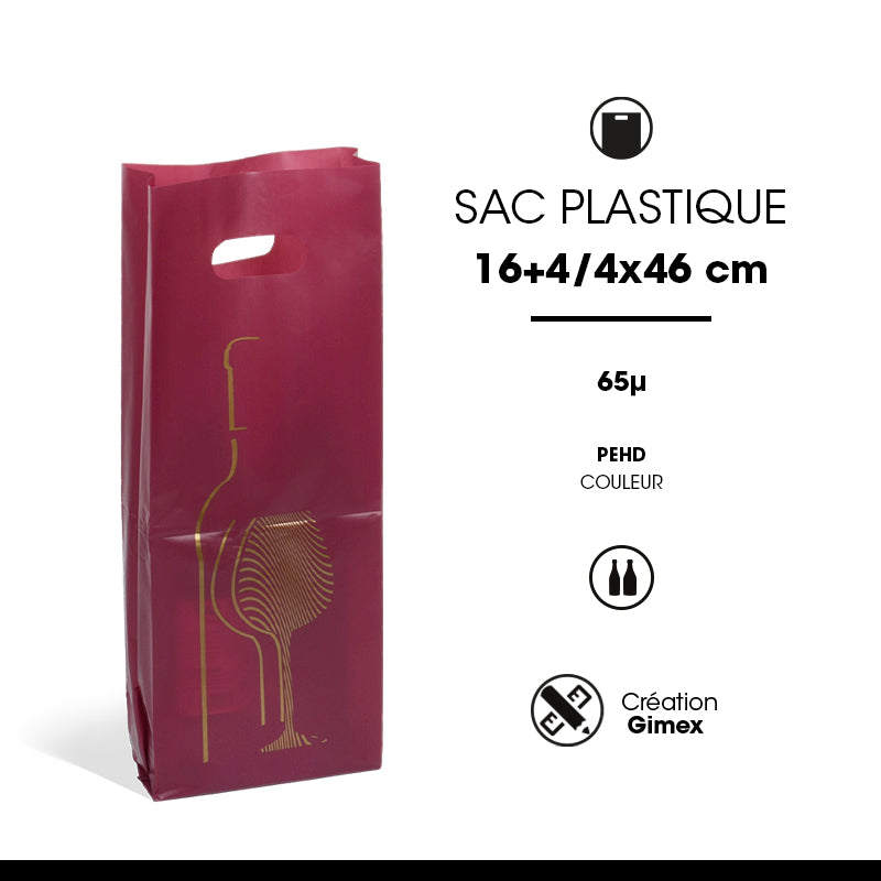 Sac plastique 2 bouteilles|PEHD Lie de Vin|poignées découpées|16+4/4x46cm|par 1000