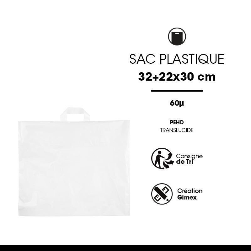 Sac plastique givré | PEHD translucide | poignées souples | 32+22x30cm | par 250
