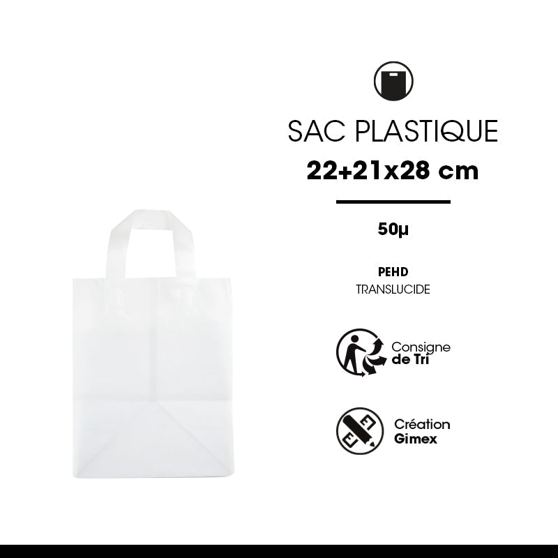 Sac plastique givré | PEHD translucide | poignées souples | 22+21x28cm | par 250