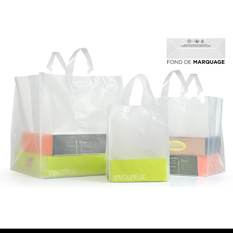 Sac plastique |PEHD givré|poignées souples|22+21x28cm|par 250