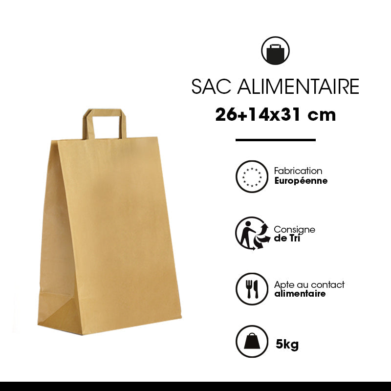 Sac kraft brun  | poignées plates | 26+14x31cm | par 250