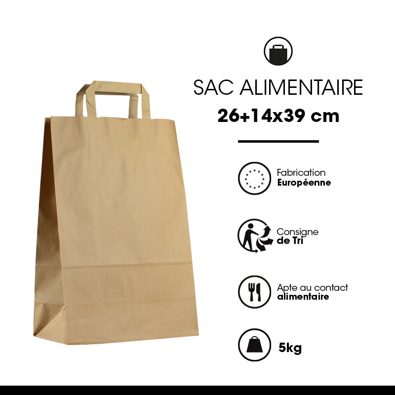 Sac kraft brun recyclé|poignées plates|26+14x39cm|par 250