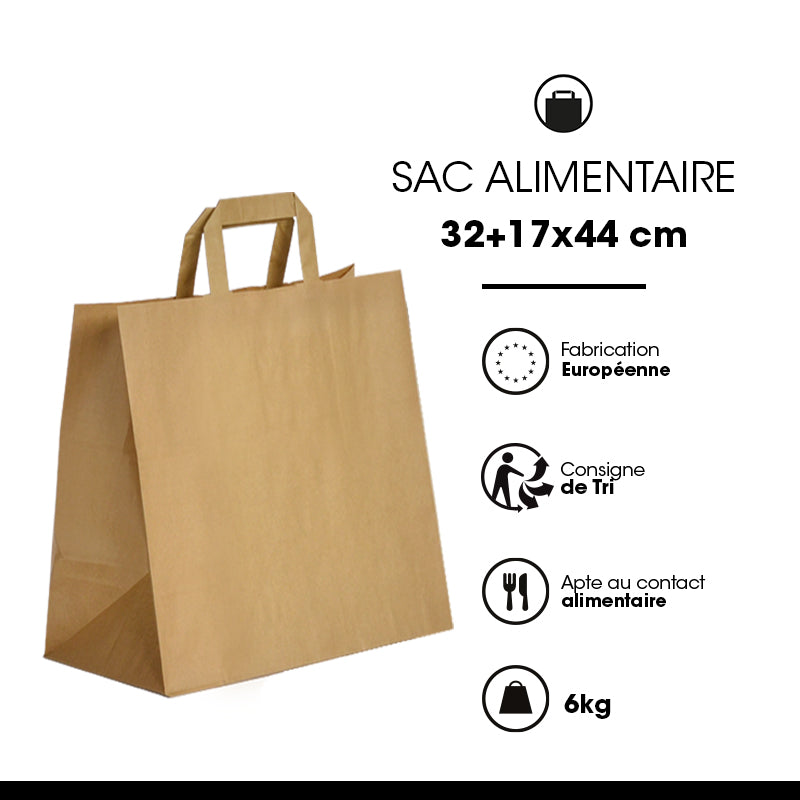 Sac kraft brun recyclé | poignées plates | 32+17x44cm | par 250