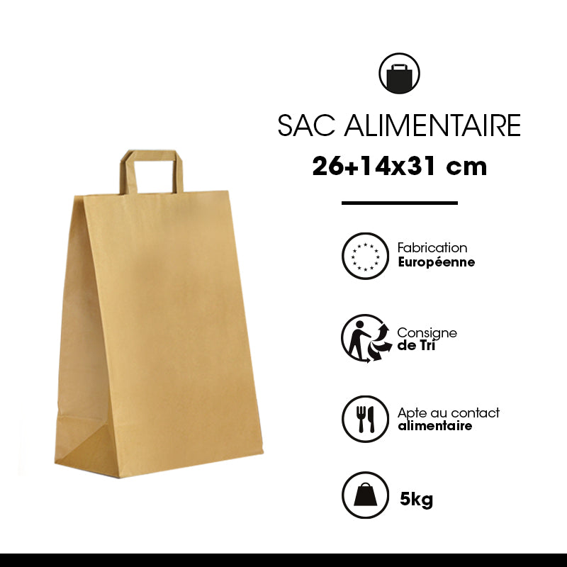 Recycled brown kraft bag | flat handles | 26+14x31cm | bulk pack of 250