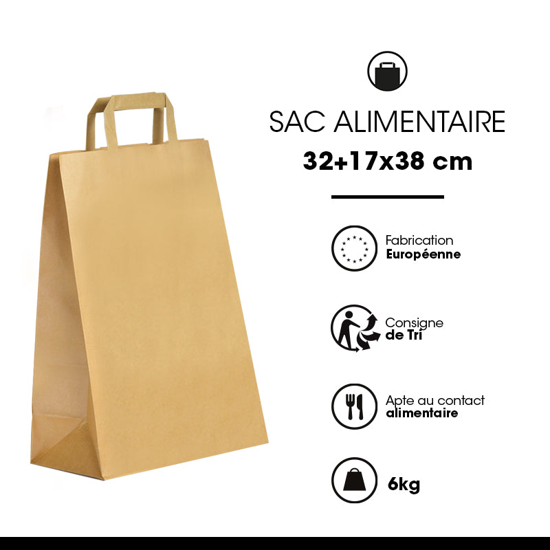 Sac kraft brun recyclé | poignées plates | 32+17x38cm | par 250