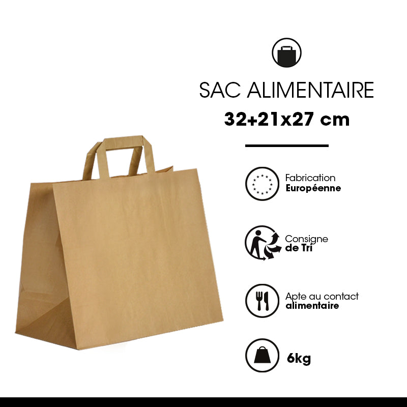 Sac kraft brun recyclé | poignées plates | 32+21x27cm | par 250