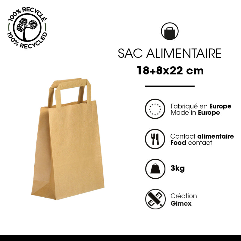 Sac kraft brun recyclé|poignées plates|18+8x22cm|par 300