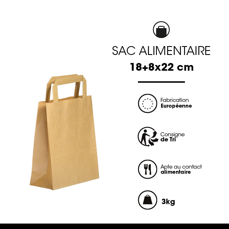 Sac kraft brun recyclé|poignées plates|18+8x22cm|par 300