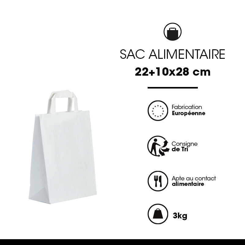 Sac kraft blanc lisse|poignées plates|22+10x28cm|par 250