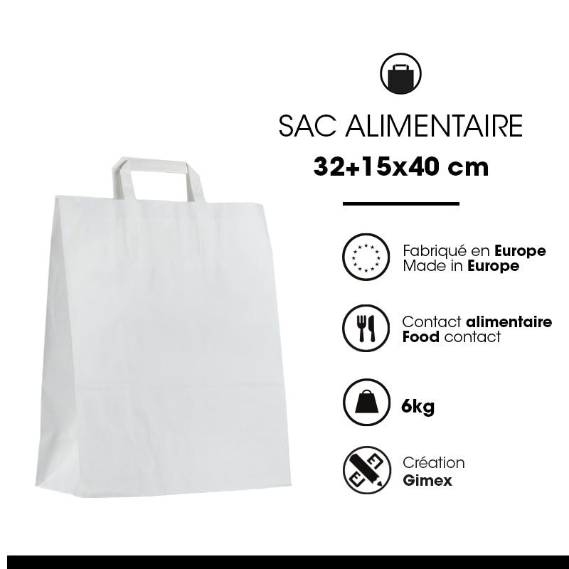 Sac kraft blanc lisse|poignées plates|32+15x40cm|par 250
