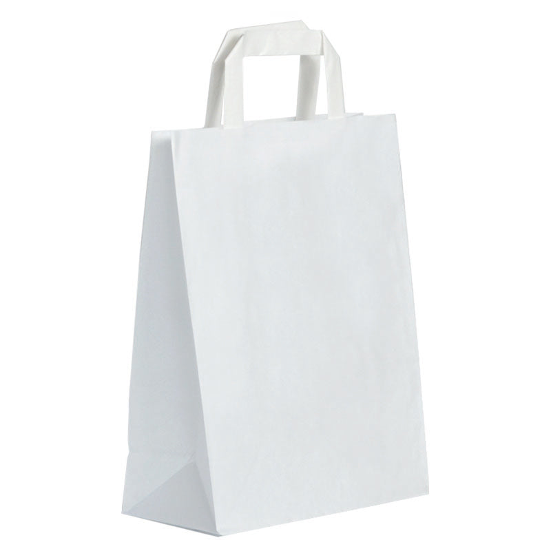 Sac kraft blanc lisse|poignées plates|22+10x28cm|vrac par 250