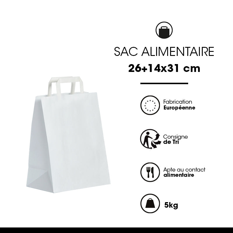 Smooth white kraft bag | flat handles | 26+14x31cm | bulk pack of 250