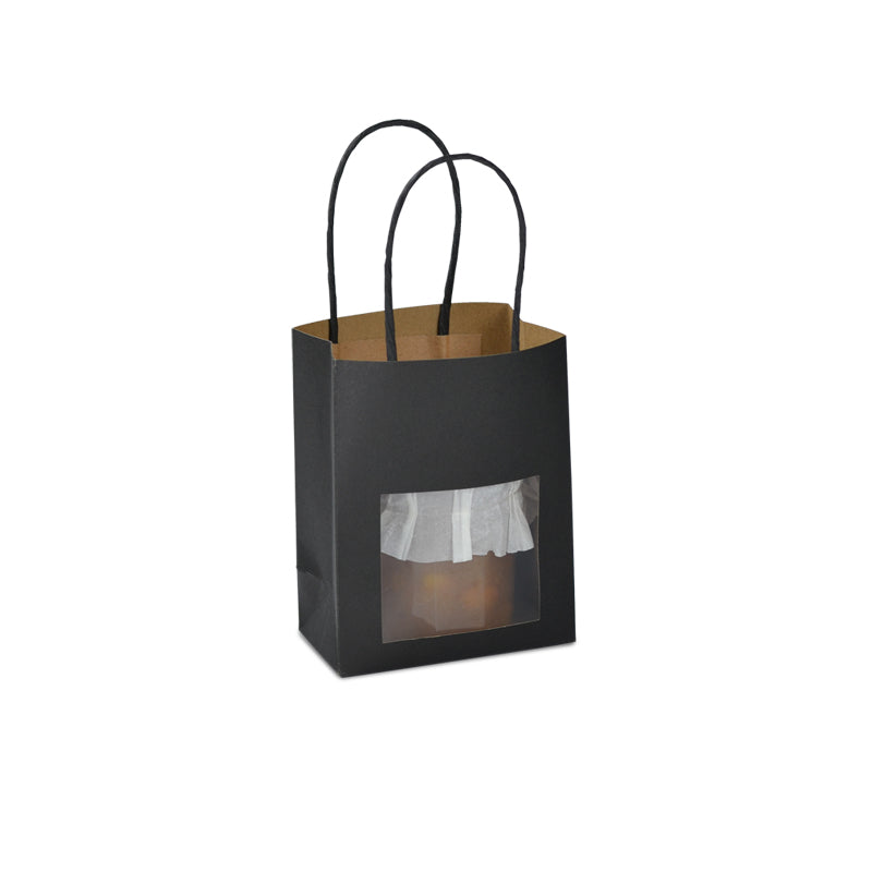 Sac vitrine|kraft noir|poignées torsadées|11,4+6,4×14,6cm|par 300