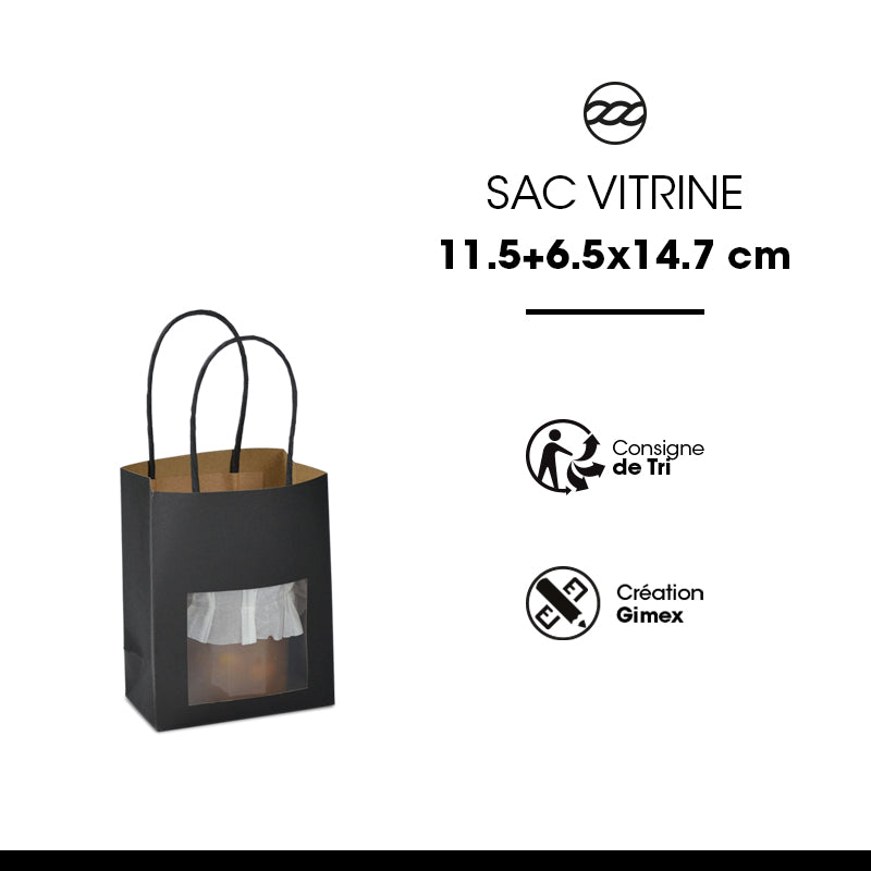 Sac vitrine | kraft noir | poignées torsadées | 11,4+6,4×14,6cm | par 300