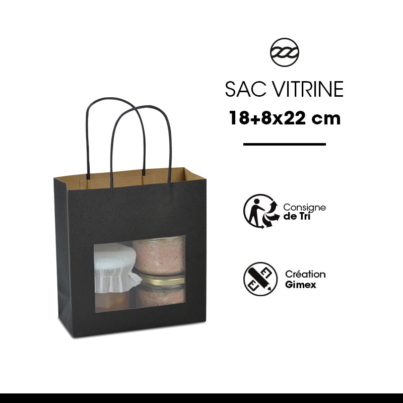 Sac vitrine | kraft noir | poignées torsadées | 18+8×19cm | par 240