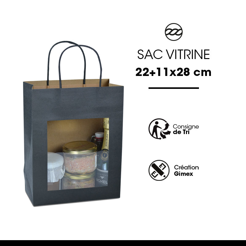 Sac vitrine | kraft noir | poignées torsadées | 22+11×28cm | par 240
