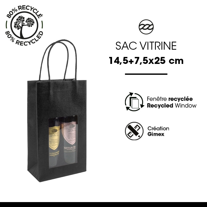 Sac fenêtre | kraft noir | poignées torsadées | 14,5+7,5x25cm | par 200
