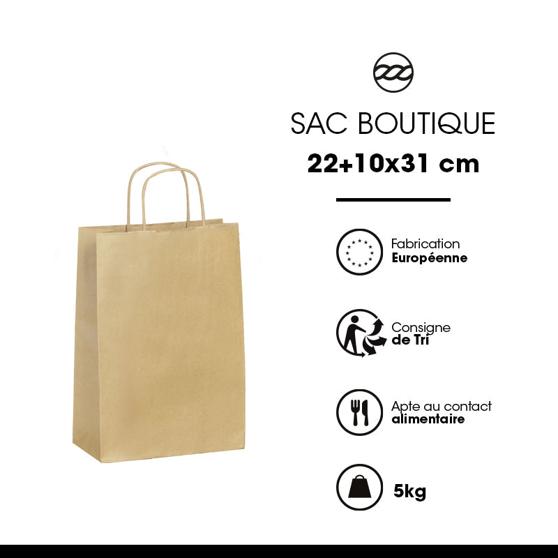 Sac boutique | kraft brun | poignées torsadées | 22+10x31cm | par 250