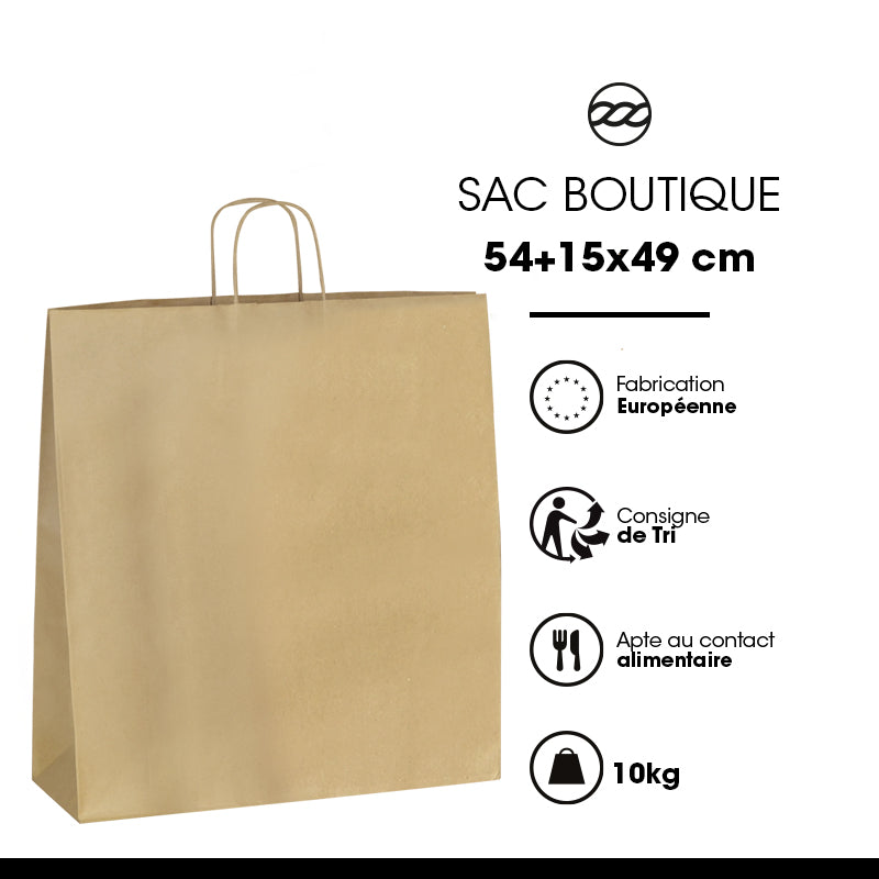 Sac boutique|kraft brun|poignées torsadées|54+15x49cm|par 120
