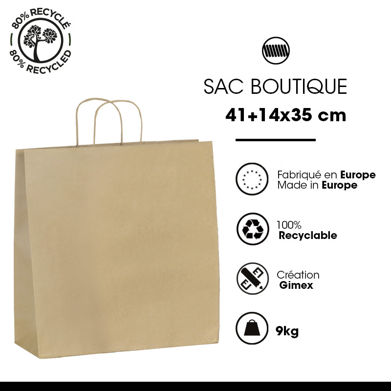Sac boutique | kraft brun recyclé | poignées torsadées | 41+14x35cm | par 250