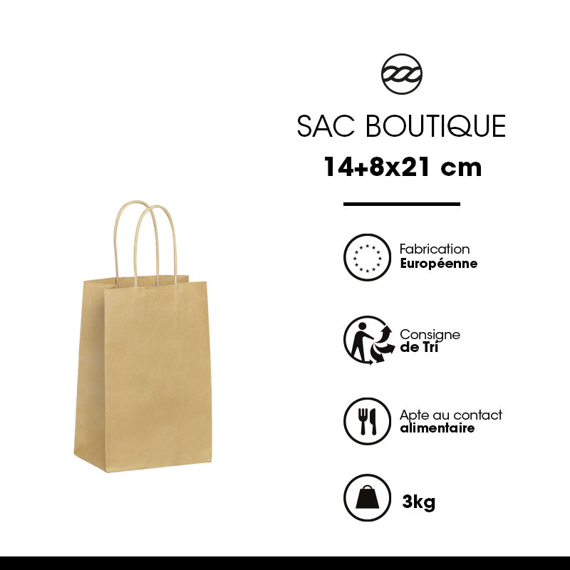 Sac boutique | kraft brun | poignées torsadées | 14+8x21cm | par 400