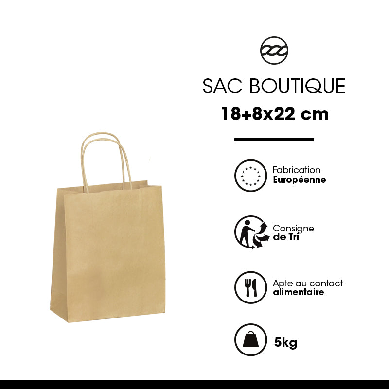 Sac boutique | kraft brun | poignées torsadées | 18+8x22cm | par 300