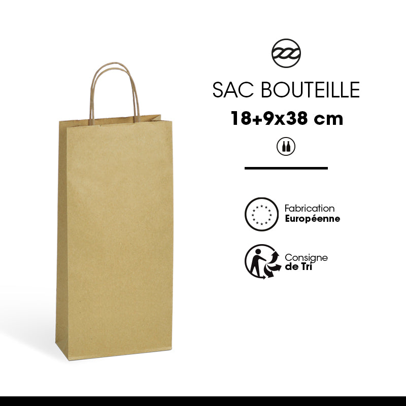 Sac 2 bouteilles|kraft brun|poignées torsadées|18+8x39cm|par 200