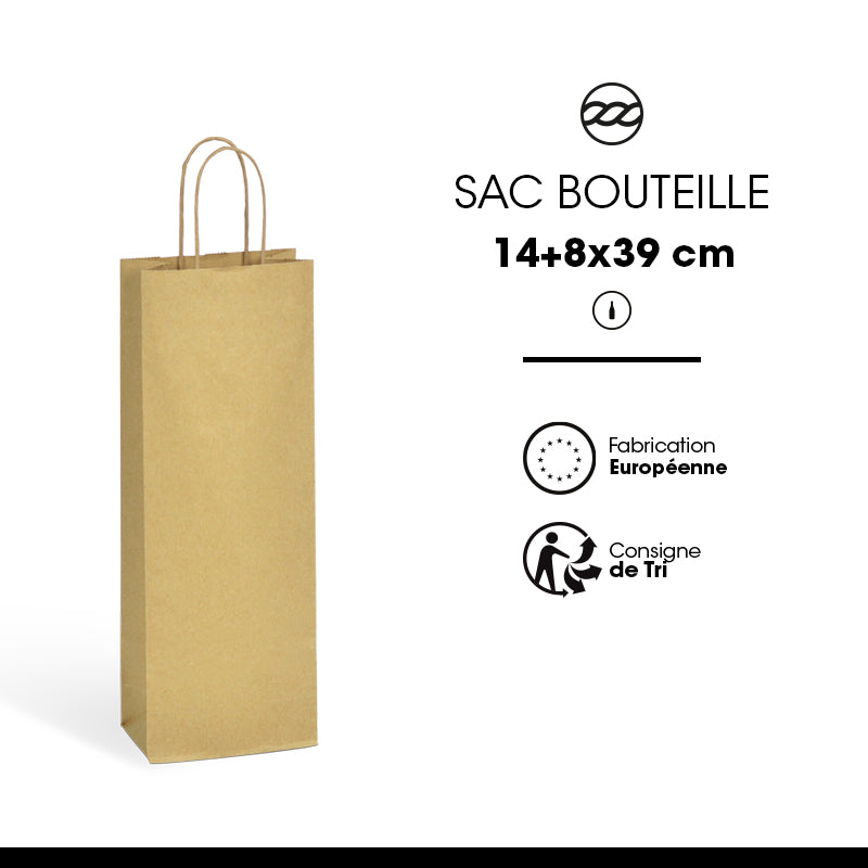 1 bottle bag | brown laid kraft | twisted handles | 14+8x39cm | 300 per bag