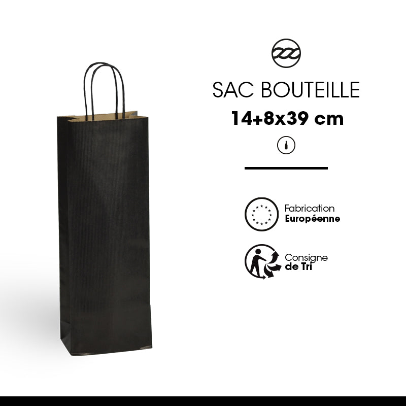 Sac 1 bouteille | kraft brun vergé | poignées torsadées | 14+8x39cm | par 300