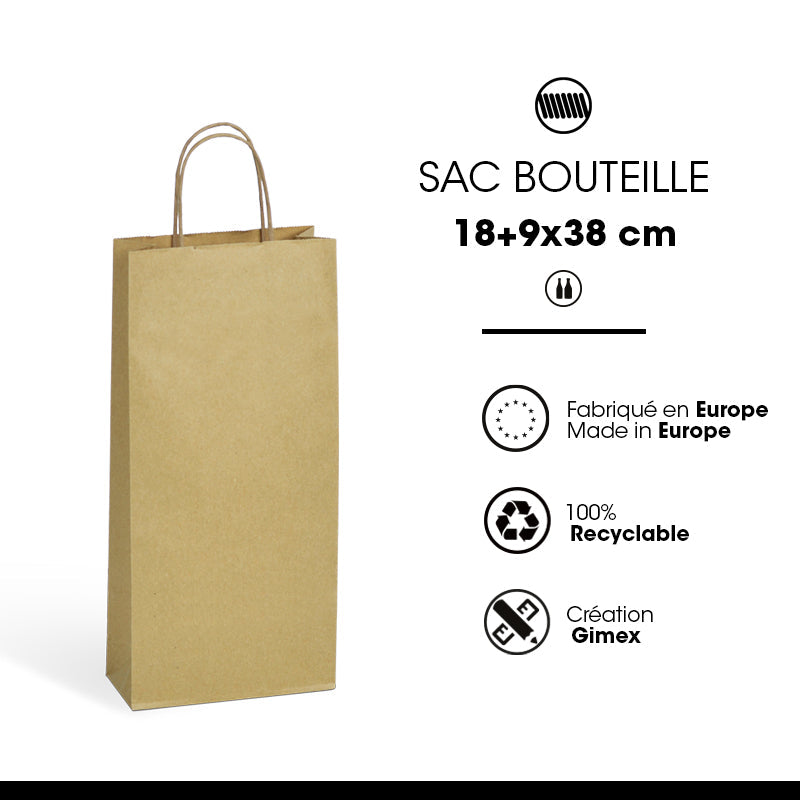Sac 2 bouteilles|kraft brun|poignées torsadées|18+8x39cm|par 200