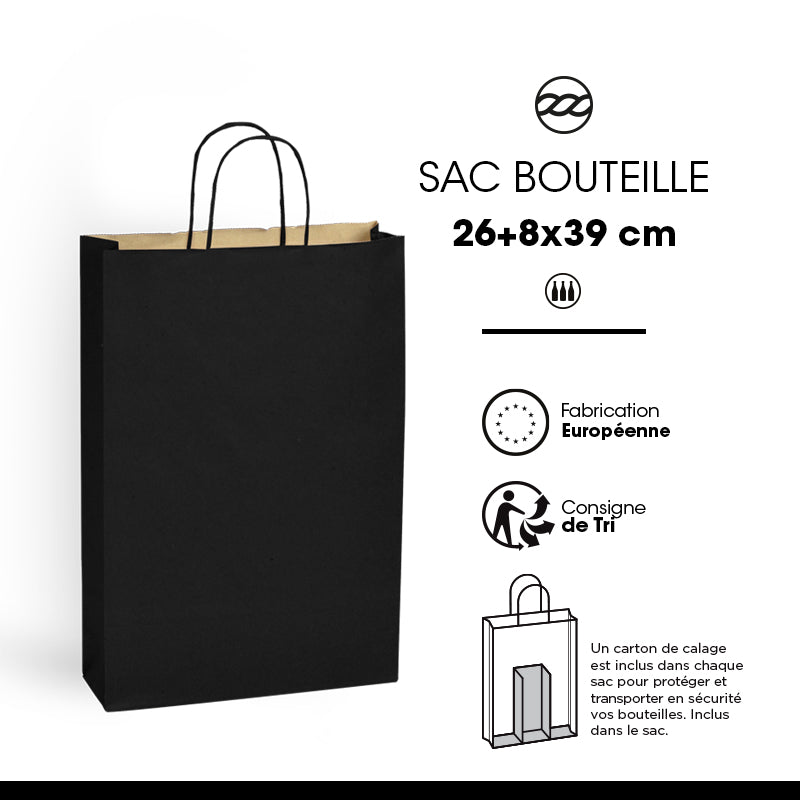 Sac 3 bouteilles | kraft brun vergé | poignées torsadées | 26+8x39cm | par 100