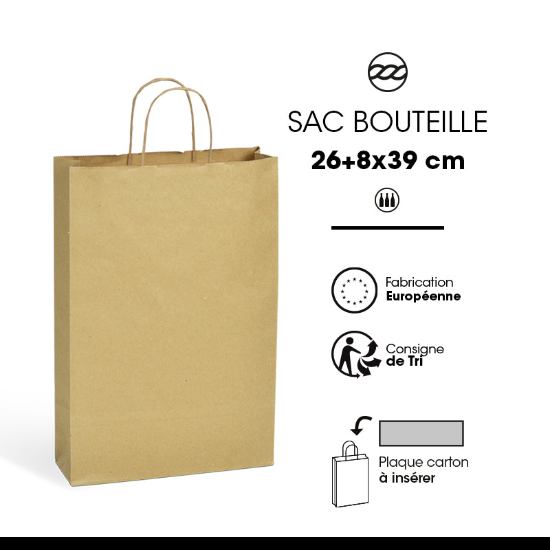 Sac 3 bouteilles | kraft brun | poignées torsadées | 26+8x39cm | par 150