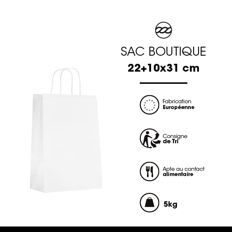Sac boutique | kraft blanc | poignées torsadées | 22+10x31cm | par 250
