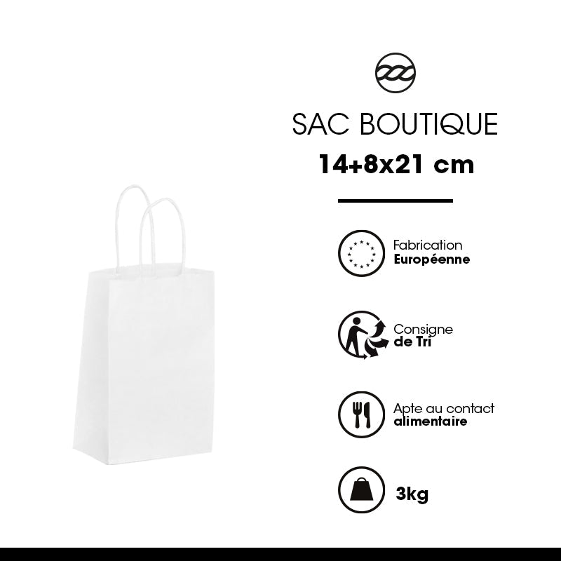 Sac boutique | kraft blanc | poignées torsadées | 14+8x21cm | par 400