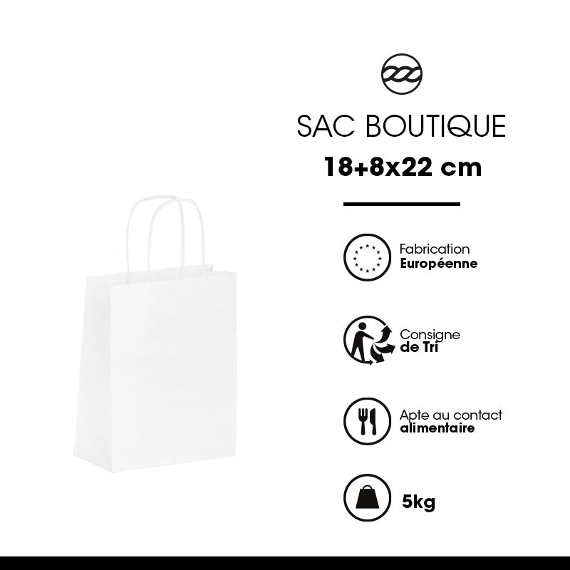 Sac boutique | kraft blanc | poignées torsadées | 18+8x22cm | vrac par 300