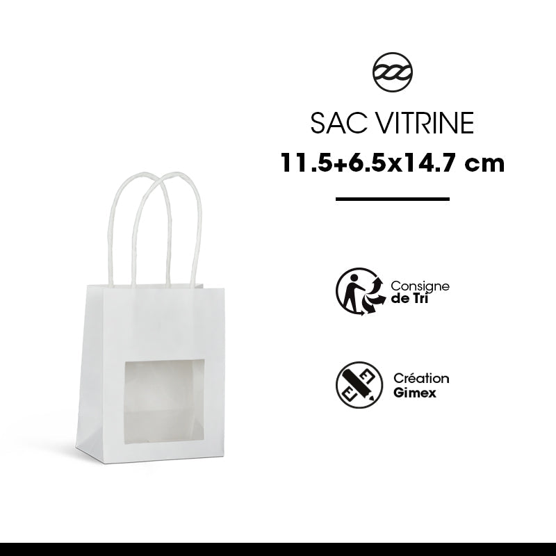 Sac vitrine|kraft blanc|poignées torsadées|11,4+6,4×14,6cm|par 300