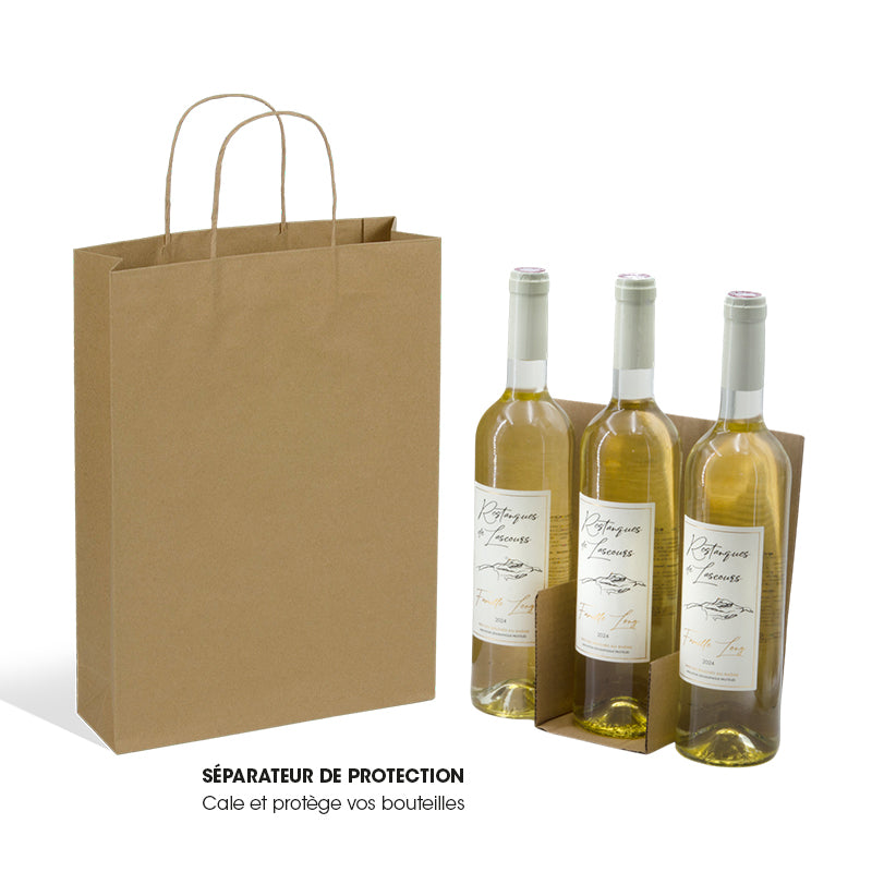 Sac 3 bouteilles kraft brun poignées torsadées 27+9x38cm par 100