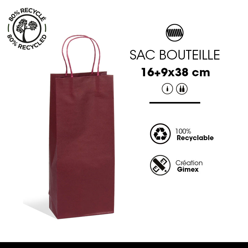 Sac 1 & 2 bouteilles Lie de Vin kraft poignées torsadées 16+9x38cm par 200