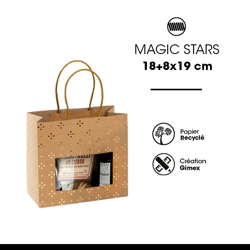 Sac Magic Stars fenêtre kraft brun poignées torsadées 18+8x19cm par 192