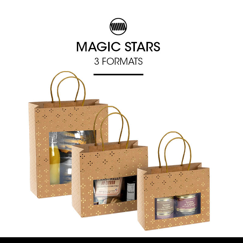 Sac Magic Stars fenêtre kraft brun poignées torsadées 20+7,5x15cm par 120