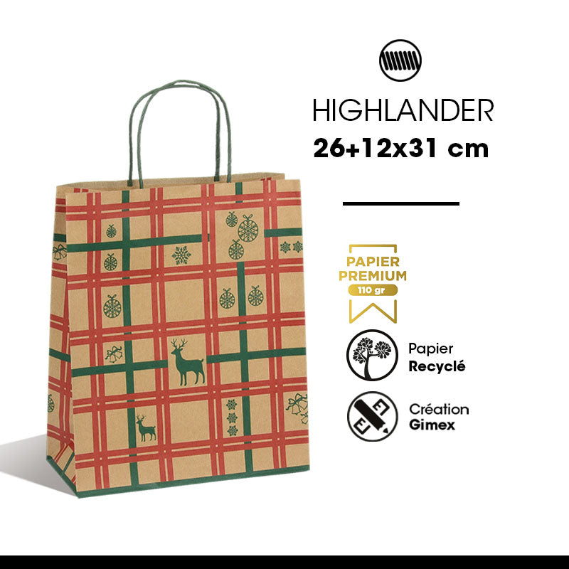 Sac Highlander kraft brun poignées torsadées 26+12x31cm par 250