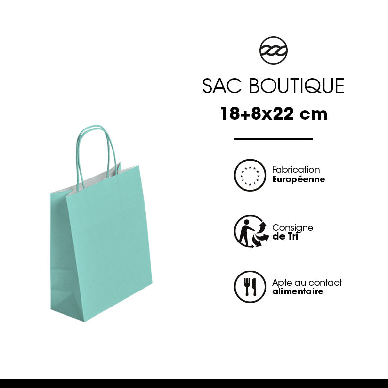 Sac FESTIVAL VERT D'EAU | kraft blanc | poignées torsadées | 18+8x22cm | par 300