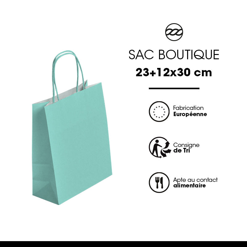 Sac FESTIVAL VERT D'EAU | kraft blanc | poignées torsadées | 23+12x30cm | par 250