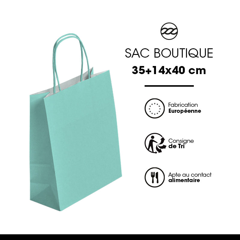 Sac FESTIVAL VERT D'EAU | kraft blanc | poignées torsadées | 35+14x40cm | par 250