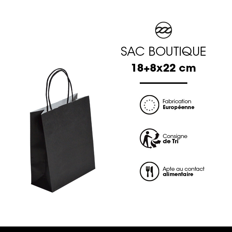 Sac FESTIVAL NOIR | kraft blanc | poignées torsadées | 18+8x22cm | par 300